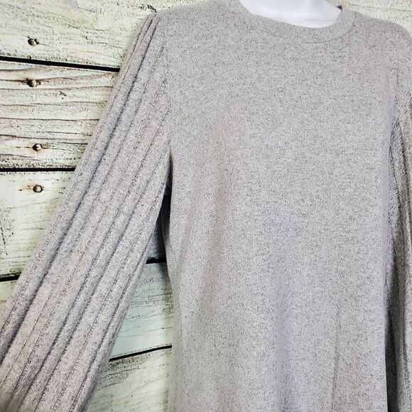 Gray Ribbed Balloon Sleeve Lightweight Sweater Top Size Large - Picture 2 of 5
